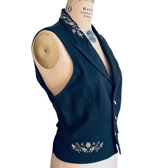 Vintage 90s Liz wear Petite Black and gold embroidered beaded vest - Picture 2 of 11